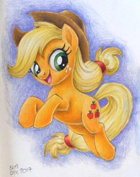 Size: 800x1008 | Tagged: safe, artist:andpie, applejack, earth pony, pony, g4, colored pencil drawing, cowboy hat, female, hat, looking at you, mare, simple background, solo, traditional art
