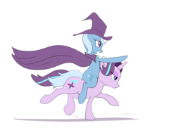 Size: 1500x1089 | Tagged: safe, artist:xbi, derpibooru exclusive, starlight glimmer, trixie, pony, unicorn, g4, 30 minute art challenge, cape, clothes, duo, duo female, female, hat, majestic, mare, ponies riding ponies, riding, running, sitting on pony, trixie riding starlight glimmer, trixie's cape, trixie's hat