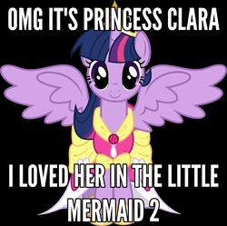 Size: 1600x1592 | Tagged: safe, twilight sparkle, alicorn, pony, g4, cowboy bebop at his computer, drawn together, image macro, meme, princess clara, tara strong, the little mermaid, the little mermaid 2: return to the sea, twilight sparkle (alicorn), voice actor joke