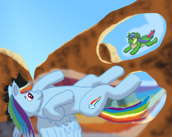 Size: 1500x1200 | Tagged: safe, artist:uruboros, rainbow dash, oc, oc:cirrus summits, pegasus, pony, g4, arch, desert, flying, race