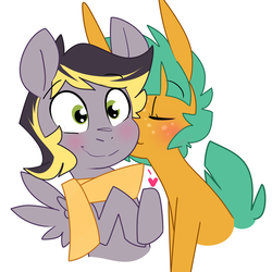 Size: 1280x1280 | Tagged: safe, artist:kryptchild, snails, oc, oc:aero, pegasus, pony, g4, aeroshell, canon x oc, cheek kiss, clothes, colt, cute, gay, glitter shell, heart, hug, kissing, male, offspring, offspring shipping, parent:derpy hooves, parent:oc:warden, parents:canon x oc, parents:warderp, scarf, shipping, simple background, smiling, white background