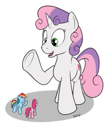 Size: 1032x1169 | Tagged: safe, artist:rapidstrike, pinkie pie, rainbow dash, sweetie belle, earth pony, pegasus, pony, unicorn, g4, female, giant pony, giantess, looking at each other, macro, micro, requested art, shrunk, simple background, size difference, transparent background, underhoof, waving