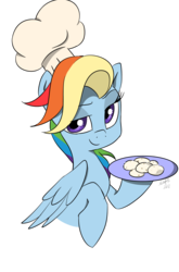 Size: 800x1214 | Tagged: safe, artist:emositecc, rainbow dash, pegasus, pony, comic:sparkle, alternate hairstyle, alternate universe, chef's hat, cooking, female, food, hat, plate, simple background, solo, transparent background