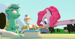 Size: 4096x2160 | Tagged: safe, artist:o0despair0o, lyra heartstrings, nurse redheart, pinkie pie, pony, g4, 3d, cake, food, high res, long neck, pinkie being pinkie