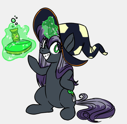 Size: 515x500 | Tagged: safe, artist:robiinart, oc, oc only, oc:clairvoyance, pony, glowing horn, grin, hat, horn, magic, potion, simple background, smiling, telekinesis, white background, witch, witch hat