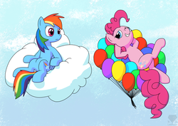 Size: 1200x850 | Tagged: safe, artist:latiken, pinkie pie, rainbow dash, earth pony, pegasus, pony, g4, balloon, cloud, duo, female, floating, mare, then watch her balloons lift her up to the sky