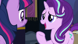 Size: 1280x720 | Tagged: safe, screencap, starlight glimmer, twilight sparkle, alicorn, pony, g4, to where and back again, animated, banner, book, box, candle, duo, duo female, female, mountain, painting, raised hoof, smiling, sound, stairs, talking, twilight sparkle (alicorn), twilight's castle, webm