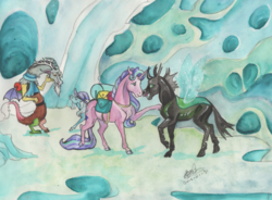 Size: 1024x754 | Tagged: safe, artist:sagastuff94, discord, starlight glimmer, thorax, trixie, changeling, classical unicorn, draconequus, pony, unicorn, g4, to where and back again, changeling hive, cloven hooves, female, horn, leonine tail, male, mare, realistic anatomy, realistic horse legs, saddle bag, traditional art, unshorn fetlocks, watercolor painting
