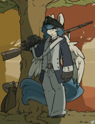 Size: 984x1283 | Tagged: safe, artist:bbsartboutique, oc, oc only, oc:delta dart, hippogriff, anthro, american revolution, clothes, gun, hat, minuteman, rifle, solo, talons, tree, uniform, weapon