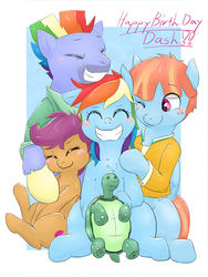 Size: 1536x2048 | Tagged: safe, artist:gamijack, bow hothoof, rainbow dash, scootaloo, tank, windy whistles, pegasus, pony, tortoise, g4, ^^, blushing, chest fluff, clothes, cute, dashabetes, eyes closed, family, female, filly, foal, freckles, grin, gritted teeth, mare, rainbow dash day, scootalove, smiling, teeth, the cmc's cutie marks