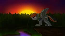 Size: 6400x3600 | Tagged: safe, artist:theravencriss, rainbow dash, pegasus, pony, g4, cliff, female, forest, mare, multicolored hair, river, solo, sunset, tree