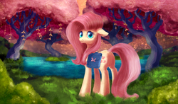 Size: 1700x1000 | Tagged: safe, artist:dumddeer, fluttershy, pony, g4, female, forest, looking at you, saddle bag, scenery, solo, tree, water