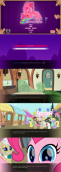 Size: 1429x4035 | Tagged: safe, artist:facelessjr, artist:spookitty, cherry berry, cloud kicker, derpy hooves, doctor whooves, junebug, lyra heartstrings, mayor mare, pinkie pie, raven, sunshower raindrops, time turner, pony, g4, close-up, extreme close-up, fan game, friendship, friendship express, game, hug, magic, pony tale adventures, train, train station, visual novel, worried