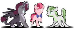 Size: 1600x623 | Tagged: safe, artist:torusthescribe, oc, oc only, oc:clay, oc:ridley, oc:robin, dracony, earth pony, hippogriff, hybrid, pony, bowtie, interspecies offspring, magical lesbian spawn, male, offspring, parent:apple bloom, parent:diamond tiara, parent:gabby, parent:scootaloo, parent:spike, parent:sweetie belle, parents:diamondbloom, parents:gabbyloo, parents:spikebelle, simple background, transparent background