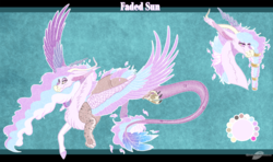 Size: 1760x1045 | Tagged: safe, artist:bijutsuyoukai, oc, oc only, oc:faded sun, draconequus, hybrid, interspecies offspring, offspring, parent:discord, parent:princess celestia, parents:dislestia, reference sheet, solo