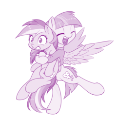 Size: 800x842 | Tagged: safe, artist:dstears, rainbow dash, windy whistles, pegasus, pony, g4, bear hug, bipedal, cute, dashabetes, duo, duo female, eyes closed, female, hug, like mother like daughter, like parent like child, mare, monochrome, mother and child, mother and daughter, open mouth, purple, simple background, spread wings, white background, windybetes, wings