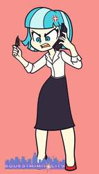 Size: 585x1024 | Tagged: safe, artist:khuzang, coco pommel, equestria girls, g4, alternate universe, angry, clothes, equestria girls-ified, equestrian city, high heels, pen, phone, shirt, shoes, skirt