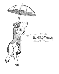 Size: 1255x1560 | Tagged: safe, artist:underwoodart, tempest shadow, pony, unicorn, g4, my little pony: the movie, broken horn, clothes, crossover, dialogue, emily blunt, female, floating, flying, horn, mary poppins, mary poppins returns, monochrome, parachute, scarf, simple background, solo, tempest shadow is not amused, umbrella, unamused, voice actor joke, white background