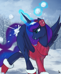 Size: 713x856 | Tagged: safe, artist:ehfa, princess luna, alicorn, pony, g4, boots, clothes, earmuffs, female, glowing horn, horn, magic, mare, shoes, snow, snowball, snowball fight, solo, sweater, telekinesis, tree, wings