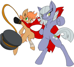 Size: 3920x3557 | Tagged: safe, artist:steelsoul, limestone pie, oc, oc:himmel, earth pony, pony, g4, action pose, bipedal, chest fluff, clothes, colt, duo, female, high res, male, mare, scarf, simple background, transparent background, underhoof, yo-yo