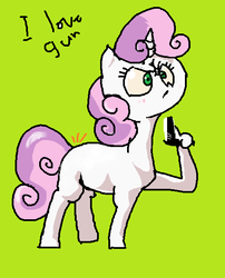 Size: 494x611 | Tagged: artist needed, safe, sweetie belle, pony, g4, 1000 hours in ms paint, female, green background, gun, ms paint, simple background, solo, suddenly hands, weapon