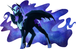 Size: 2067x1341 | Tagged: safe, artist:sinderynaralex, nightmare moon, alicorn, pony, g4, armor, fangs, female, horn, looking at you, mare, simple background, solo, transparent background, wings