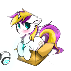 Size: 1400x1400 | Tagged: safe, artist:heddopen, oc, oc only, oc:sprinkles, pony, unicorn, blushing, box, cute, female, glowstick, headphones, jewelry, mare, necklace, pony in a box, simple background, solo, white background