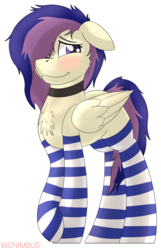 Size: 1800x2800 | Tagged: safe, artist:wcnimbus, oc, oc only, oc:lilith kamaria, pegasus, pony, blushing, chest fluff, choker, clothes, female, floppy ears, hair over one eye, mare, messy mane, simple background, socks, solo, stockings, striped socks, thigh highs, white background