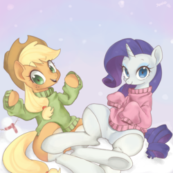 Size: 1352x1352 | Tagged: safe, artist:jus+ice, applejack, rarity, earth pony, pony, unicorn, g4, clothes, cute, female, jackabetes, lesbian, looking at you, mare, raribetes, ship:rarijack, shipping, smiling, socks, stockings, sweater, thigh highs, traditional art