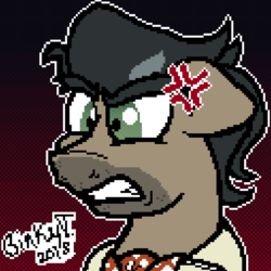 Size: 1037x1038 | Tagged: safe, artist:binkyt11, doctor caballeron, earth pony, pony, g4, angry, bust, cross-popping veins, gradient background, gritted teeth, male, pixel art, portrait, solo, stallion, stubble