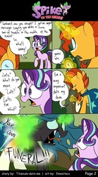 Size: 800x1440 | Tagged: safe, artist:emositecc, queen chrysalis, spike, starlight glimmer, sunburst, changeling, dragon, pony, unicorn, comic:spike to the rescue, g4, molt down, clothes, comic, disguise, disguised changeling, magic, speech bubble, stopwatch, what a twist, winged spike, wings