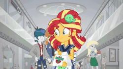 Size: 800x450 | Tagged: safe, screencap, bright idea, derpy hooves, flash sentry, golden hazel, rose heart, starlight, sunset shimmer, sweet leaf, thunderbass, valhallen, velvet sky, eqg summertime shorts, equestria girls, g4, good vibes, animated, cute, diasentres, female, food, fountain, gif, japanese, male, shipping fuel, sunset sushi, sushi, water