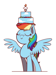 Size: 1350x1800 | Tagged: safe, artist:flutterluv, rainbow dash, pegasus, pony, g4, balancing, cake, eyes closed, female, food, mare, rainbow dash day, simple background, smiling, solo, transparent background