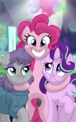 Size: 1200x1920 | Tagged: safe, artist:theroyalprincesses, maud pie, pinkie pie, starlight glimmer, earth pony, pony, unicorn, g4, rock solid friendship, clothes, cute, diapinkes, female, glimmerbetes, grin, lidded eyes, mare, smiling, squishy cheeks, trio