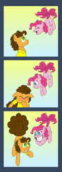 Size: 616x1720 | Tagged: safe, artist:crazynutbob, cheese sandwich, pinkie pie, pony, g4, big grin, blowing, blowing into hoof, comic, female, floating, gradient background, grin, hover, inflated tail, inflation, male, no pupils, puffy cheeks, red face, ship:cheesepie, shipping, smiling, straight, tail, tailcopter