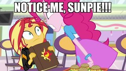 Size: 1822x1024 | Tagged: safe, pinkie pie, sunset shimmer, equestria girls, equestria girls specials, g4, my little pony equestria girls: mirror magic, cropped, female, image macro, journal, lesbian, meme, notice me senpai, pun, ship:sunsetpie, shipping