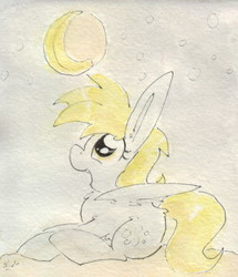 Size: 688x800 | Tagged: safe, artist:slightlyshade, derpy hooves, pegasus, pony, g4, banana, crescent moon, female, food, full moon, looking up, mare, moon, night, night sky, open mouth, prone, sky, solo, starry night, traditional art, watercolor painting