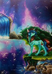 Size: 1024x1470 | Tagged: safe, artist:scootiegp, oc, oc only, pony, unicorn, bush, female, grass, hill, lake, looking up, mare, night, plant, river, signature, solo, standing, stars, stone, traditional art, tree, water, waterfall