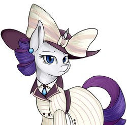 Size: 1800x1771 | Tagged: safe, artist:romablueberry, rarity, pony, unicorn, g4, ppov, clothes, costume, ear piercing, earring, female, hat, horn, horn bow, jewelry, mare, piercing, raristocrat, rose dewitt bukater, simple background, solo, titanic, white background