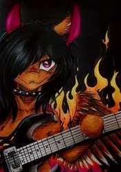 Size: 1024x1456 | Tagged: safe, artist:scootiegp, oc, oc only, pegasus, pony, black background, bust, choker, collar, ear piercing, earring, electric guitar, fire, guitar, heavy metal, jewelry, looking at you, male, metal as fuck, musical instrument, necklace, piercing, playing, portrait, signature, simple background, smiling, solo, spiked choker, stallion, string, traditional art