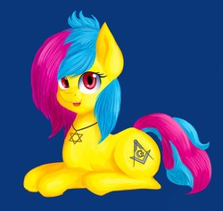 Size: 1665x1576 | Tagged: safe, artist:romablueberry, oc, oc only, earth pony, pony, blue background, female, freemason, lying, mare, open mouth, prone, simple background, solo, star of david