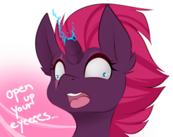 Size: 802x637 | Tagged: safe, artist:teranen, fizzlepop berrytwist, tempest shadow, pony, unicorn, g4, my little pony: the movie, broken horn, bust, colored pupils, derp, dialogue, eye scar, female, horn, insanity, open mouth, open up your *very* eyes, open up your eyes, scar, simple background, solo, sparking horn, transparent background, wall eyed