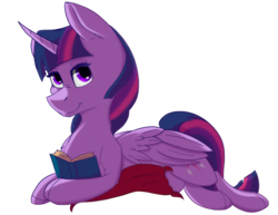 Size: 3850x2975 | Tagged: safe, artist:lula-moonarts, twilight sparkle, alicorn, pony, g4, book, female, high res, mare, prone, simple background, smiling, solo, transparent background, twilight sparkle (alicorn)