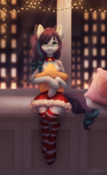Size: 1200x1943 | Tagged: safe, artist:meow_misha, coloratura, earth pony, semi-anthro, g4, bell, bell collar, choker, clothes, collar, cute, dress, female, looking at you, mare, pillow, rara, rarabetes, sitting, smiling, socks, solo, stars, stockings, striped socks, thigh highs