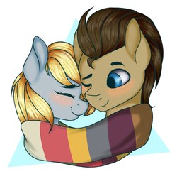 Size: 2168x2124 | Tagged: safe, artist:lovermishka, artist:romablueberry, derpy hooves, doctor whooves, time turner, earth pony, pegasus, pony, g4, blushing, bust, clothes, cute, derpabetes, eyes closed, female, fourth doctor's scarf, high res, male, mare, one eye closed, portrait, scarf, ship:doctorderpy, shipping, simple background, smiling, snuggling, stallion, straight, striped scarf