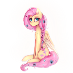 Size: 1000x1000 | Tagged: safe, artist:nutellaakanutella, fluttershy, butterfly, pegasus, pony, g4, alternate hairstyle, braid, female, looking at you, mare, simple background, sitting, solo, transparent background, white outline
