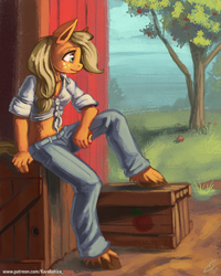 Size: 960x1200 | Tagged: safe, artist:lexx2dot0, applejack, earth pony, anthro, unguligrade anthro, g4, apple, apple tree, barn, belly button, clothes, crate, female, food, front knot midriff, midriff, solo, tree