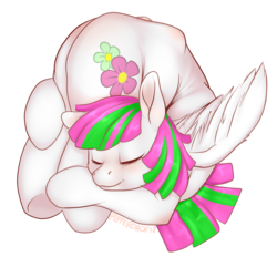 Size: 1848x1779 | Tagged: safe, artist:pepperoach, blossomforth, pony, g4, backbend, contortionist, cuddling, cute, female, flexible, mare, signature, simple background, snuggling, solo, that pony sure is flexible, white background