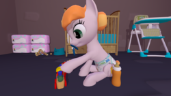 Size: 1920x1080 | Tagged: safe, artist:northern haste, copper top, pony, g4, 3d, adult foal, baby bottle, chair, crib, diaper, diaper package, female, highchair, non-baby in diaper, pacifier, police pony, potty, solo, source filmmaker, toy, toy train, train
