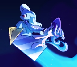 Size: 687x601 | Tagged: safe, artist:maren, starlight glimmer, trixie, pony, unicorn, g4, cape, clothes, duo, female, floppy ears, guardians of harmony, hat, mare, rocket, sitting, smiling, stars, that was fast, toy, toy interpretation, trixie's cape, trixie's hat, trixie's rocket